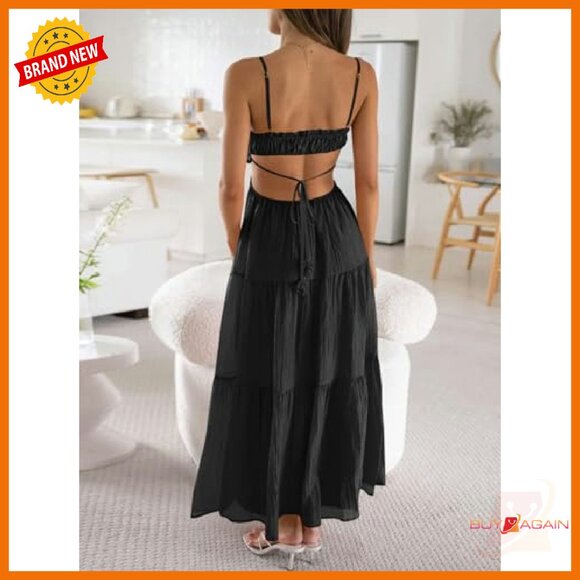 Women's Spaghetti Strap Maxi Dress Side Cut Out Backless Summer Boho - Picture 4 of 8